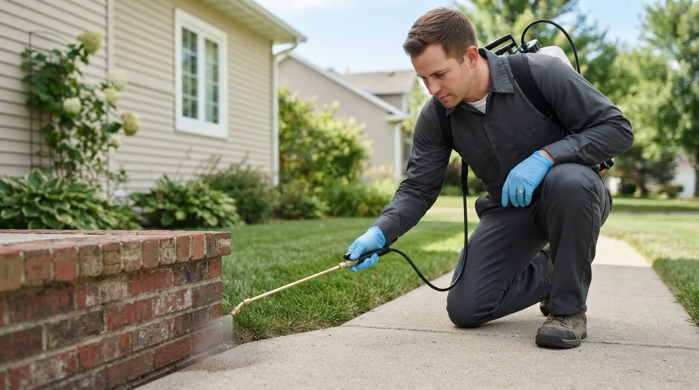 Pest control technician treating a home near Gravette, AR