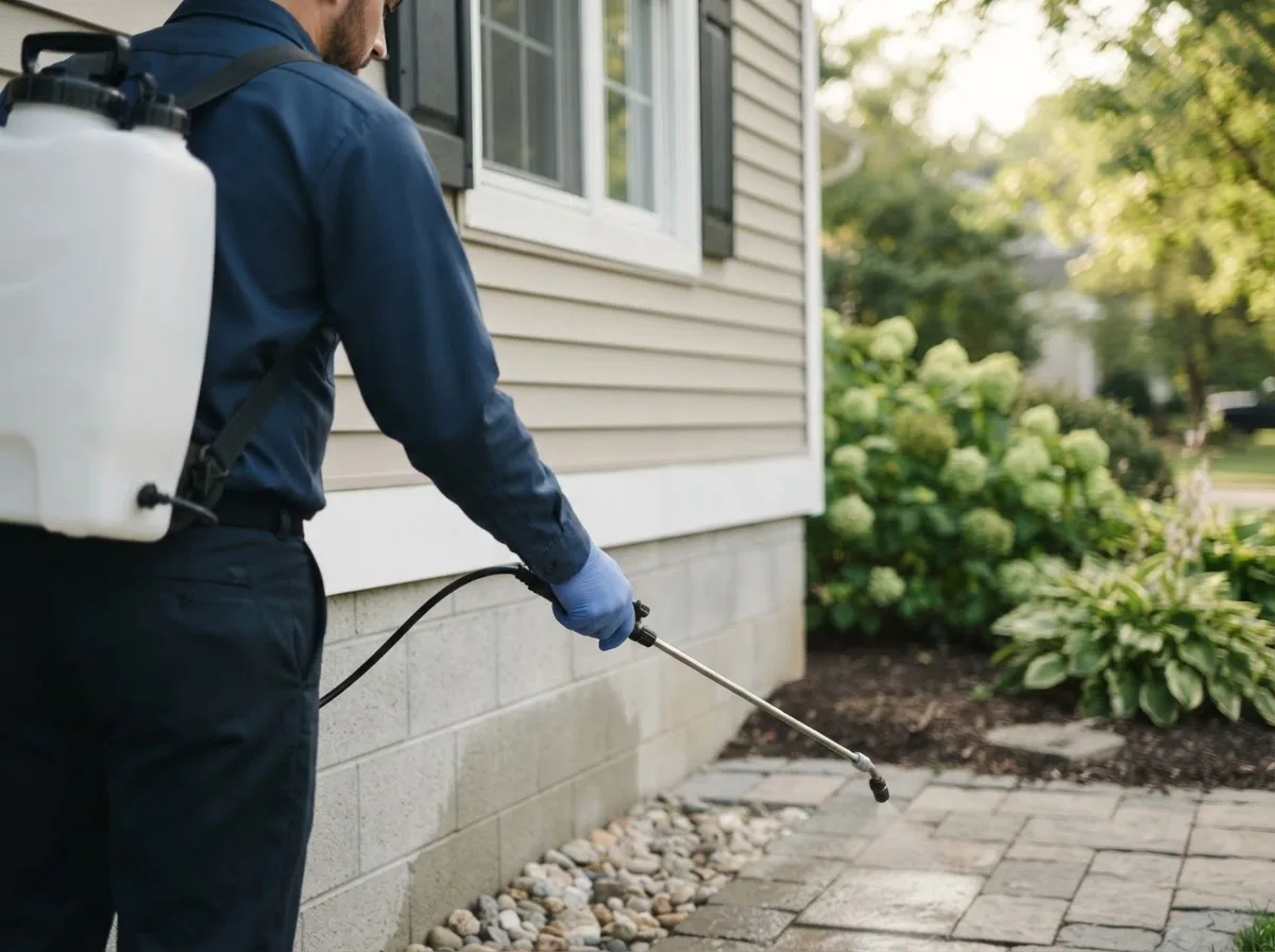Pest control technician inspecting a home in Gravette, AR